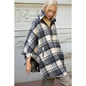 Free People Oversized‎ Poncho with Pockets Gray & Cream OS Winter Indie Cottage